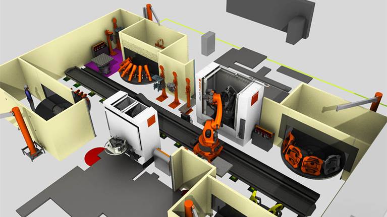 Virtueller Test von Produktionsszenarien mithilfe der KUKA Simulationssoftware.