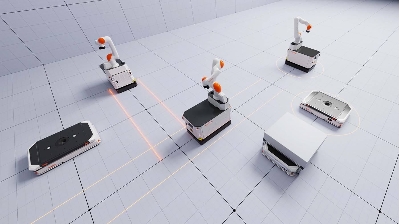 Il sistema di gestione della flotta basato sull'intelligenza artificiale KUKA.AMR Fleet garantisce l'efficienza logistica ottimale della vostra flotta AMR.